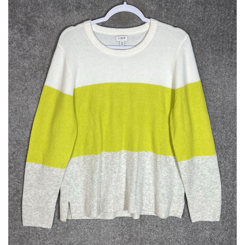 J Crew Extra Soft Yarn Colorblock Crew Neck Sweater Womens XL White Green Gray
